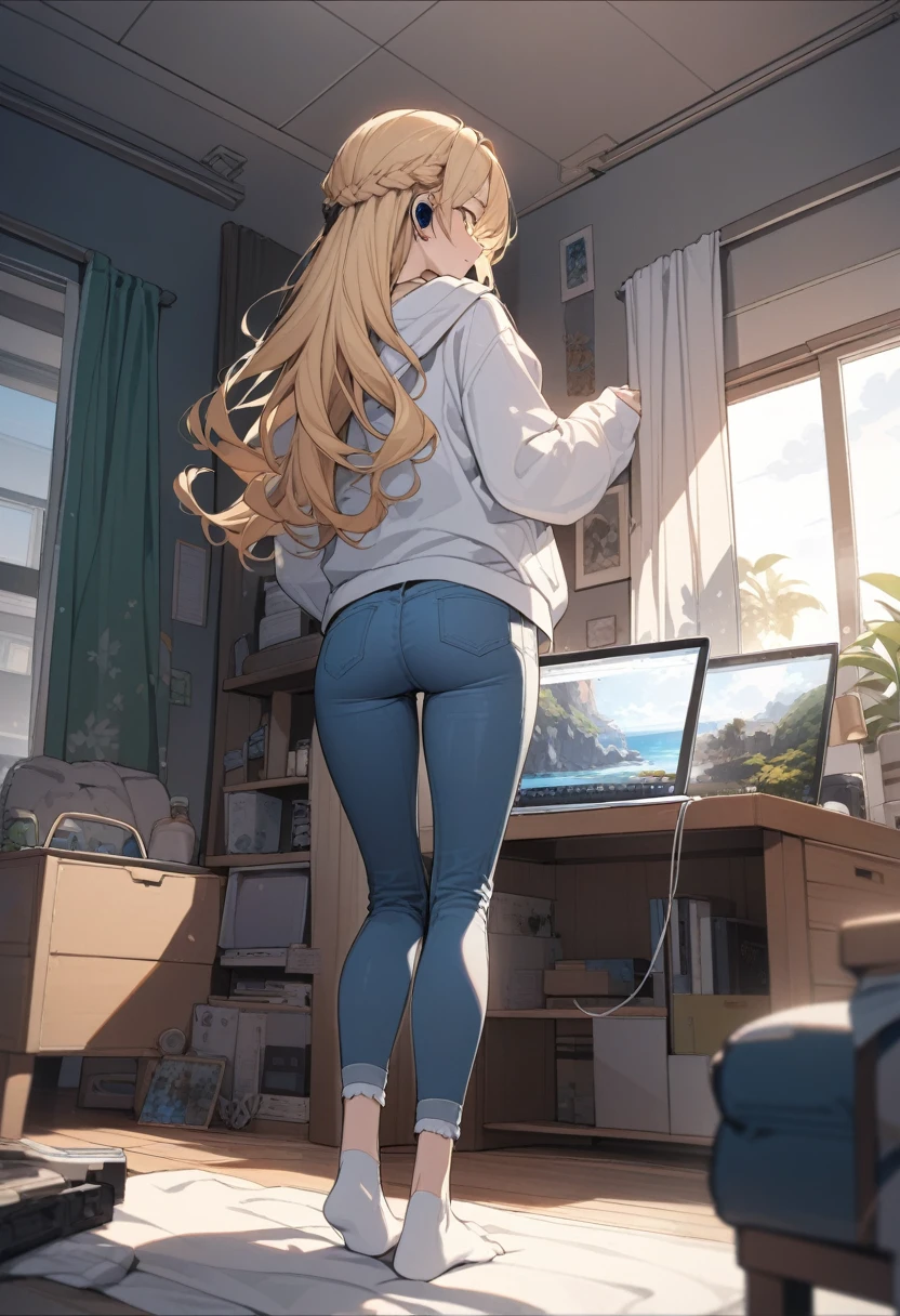 masterpiece, best quality, extremely detailed, ultra detailed, flat anime, 2D,
1girl, (young adult:1.2),blonde hair, (semi-long hair:1.2), curly hair, french braid, medium breasts, tsurime, height 1.7meters, 
white hooded sweatshirt, jeans,  earring,bracelet, long sleeves, ((Bluetooth small earphone)),socks,
Back view of a laptop computer,Operating a laptop computer,
from behind, full body, 
summer, livingroom, 12AM., standing