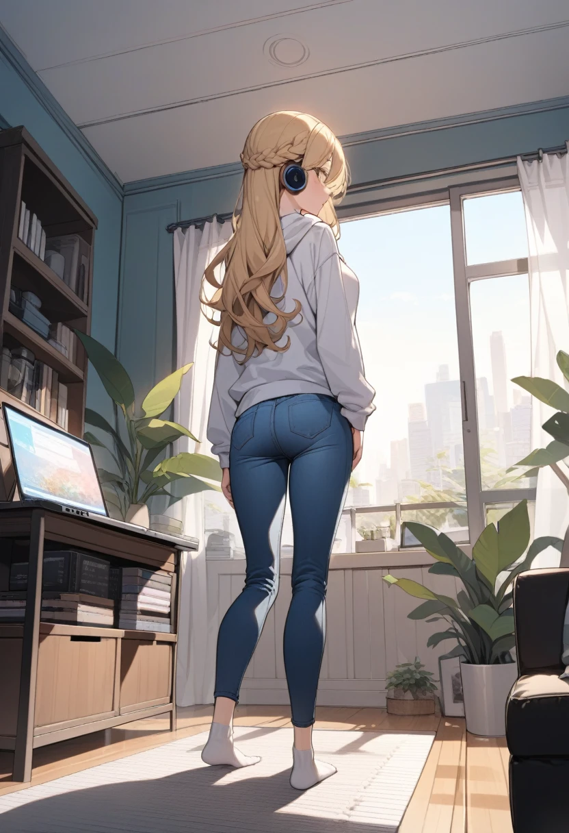 masterpiece, best quality, extremely detailed, ultra detailed, flat anime, 2D,
1girl, (young adult:1.2),blonde hair, (semi-long hair:1.2), curly hair, french braid, medium breasts, tsurime, height 1.7meters, 
white hooded sweatshirt, jeans,  earring,bracelet, long sleeves, ((Bluetooth small earphone)),socks,
Back view of a laptop computer,Operating a laptop computer,
from behind, full body, 
summer, livingroom, 12AM., standing