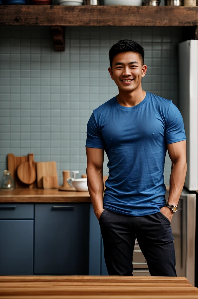 Thai man ,man ,(Blue T-shirt:1.5) ,Jeans ,He is about 30 years old..，Rough and handsome appearance，large breastsj，Big waistline，buzz cut, angry, sullen, best quality, Masterpiece，（Have muscles：4.5），(best quality,high resolution,Masterpiece:1.2),The eyes are natural and delicate..,1 person,alone,gay asian,muscle,Long legs,brave,short hair details,conjunctivitis ,strong,brown eyes, (standing in the kitchen:1.5)，in the market，sitting on the table ,smile