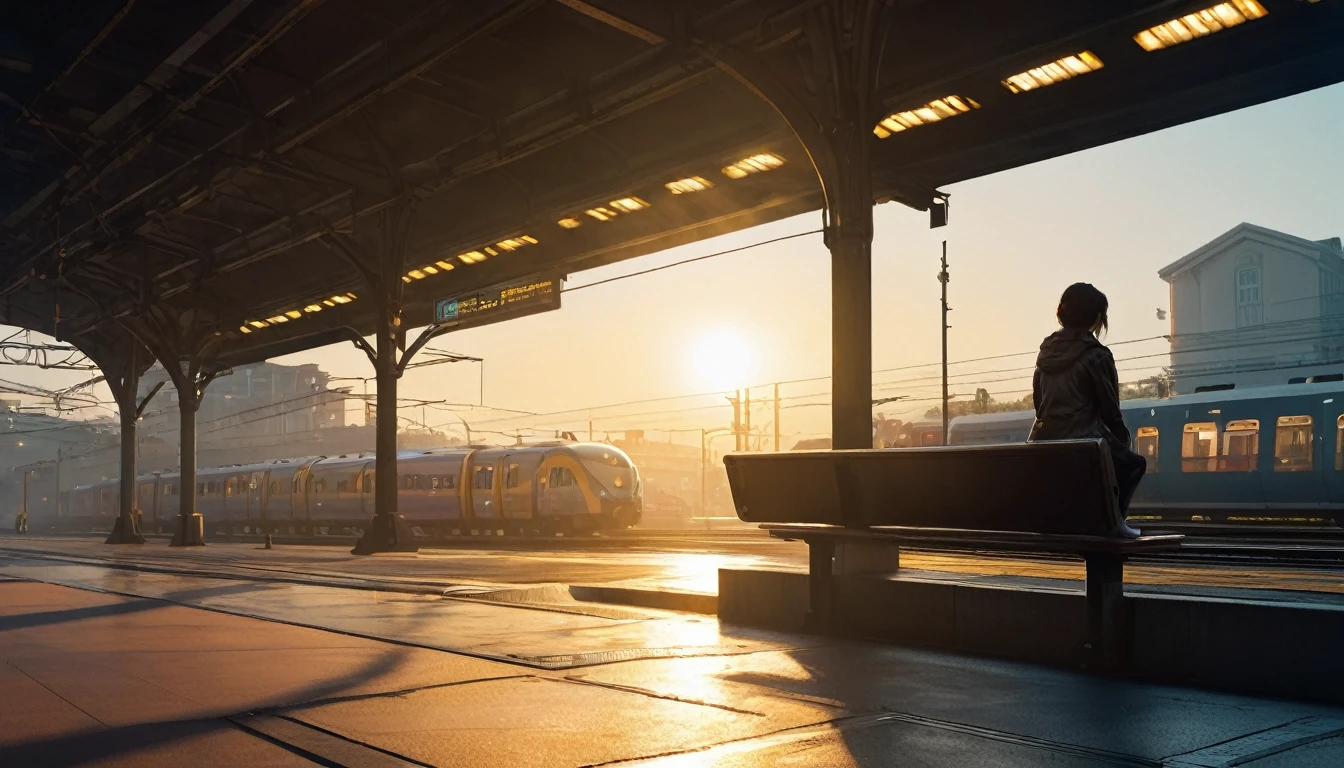 (best quality, masterpiece, ultra detailed, ultra high res, photorealistic, raw photo, absolutely resolution), Cyberpunk, 20 year old woman, This image captures the moment the train arrives on the platform in the setting sun. The silhouette of a person sitting on a bench at the station gives off a somewhat nostalgic atmosphere.