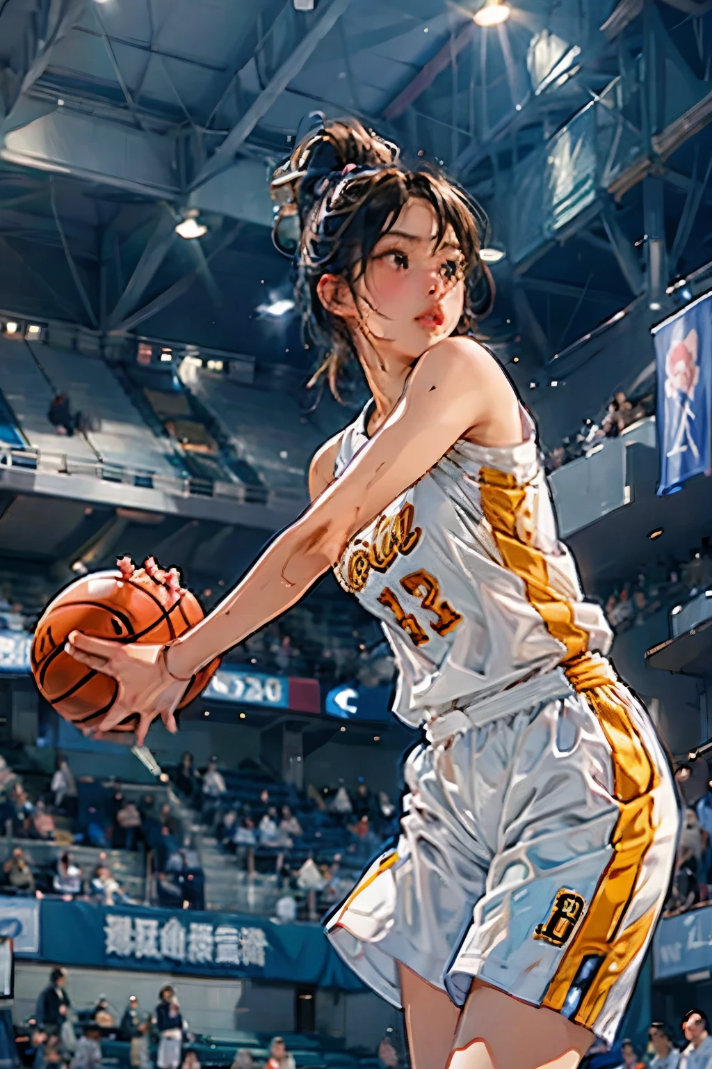 ((Female Basketball Player)), Young and beautiful girl、美しい顔のdetailedな描写、alone, dunk shot, Jumping Chute、close、Motion Blur、Dynamic Angle、stadium lighting、Blur the background、8Kdetailed, (detailed、masterpiece、Highest quality)、