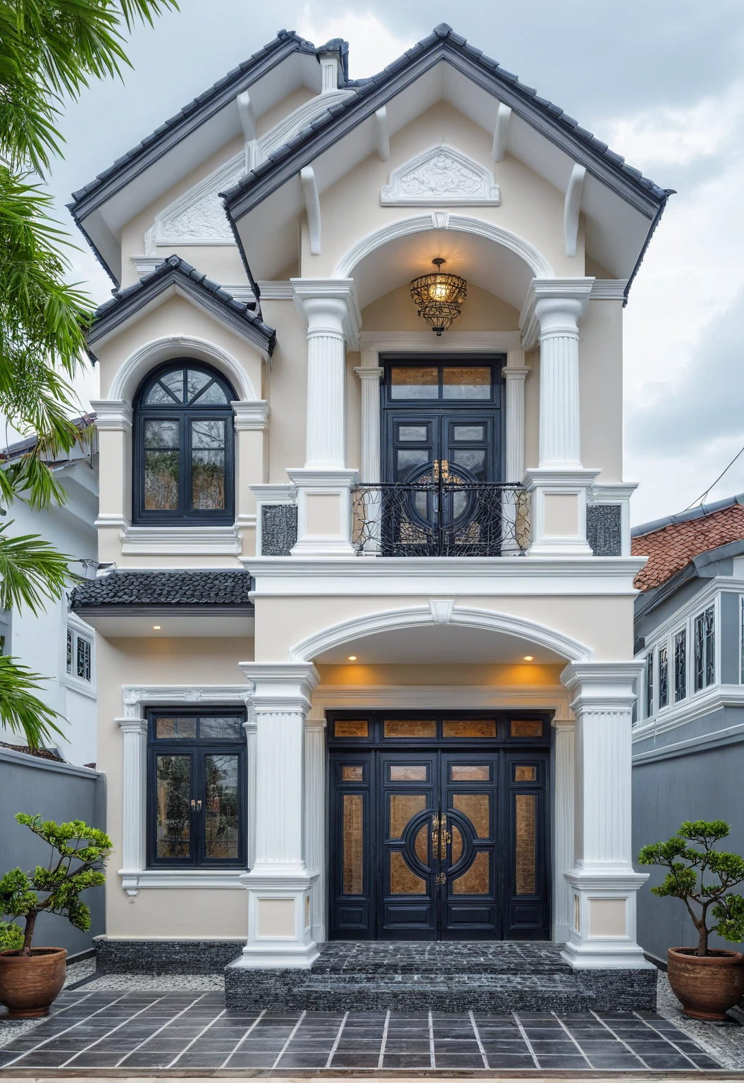 (bright image), A double story modern style house in the middle of Vietnam, (dark grnite tiled wall),(classic detail), simple and elegant architecture with white walls on top half and grey tiles roof, large windows with, entrance door is white with arched shape, bonsai trees, wide tile stone courtyard, professional photography, daylight, natural light, high resolution photography, (best quality, ultra realistic, masterpiece:1.15)