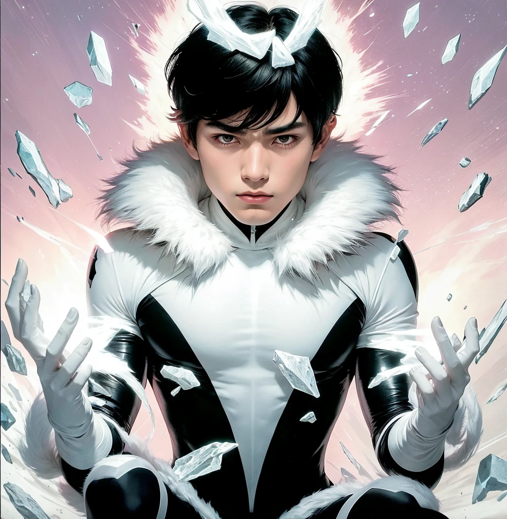 American classic comic book art: Mind Telepathy, handsome delicate ethereal young man, silky black short hair with bangs, tight black and white outfit with white fur collars, pointed ears, black tight leggings, long white gloves, emanating white energy, very young face boy Asian, ethereal male delicate body, Northstar Marvel, big city,butt, thighs, levitating crystals, magic light pink energy, white eyes, focus on face, classic comic book