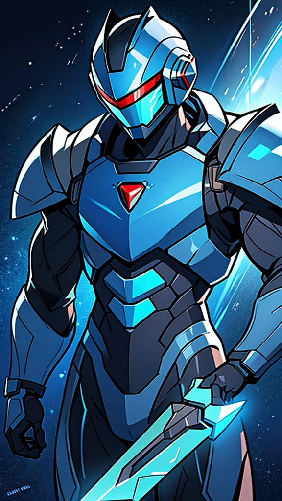 man in a blue suit, blue armor, neon armor, cyber fighting armor, water armor, cybernetic armor, shiny and elegant armor, shiny space suit, cybernetic armor, Shovel Knight como Daft Punk, 2d elf, stealth suit, space armor, LED - Illuminated armor, upper body 2d game avatar,fullbody