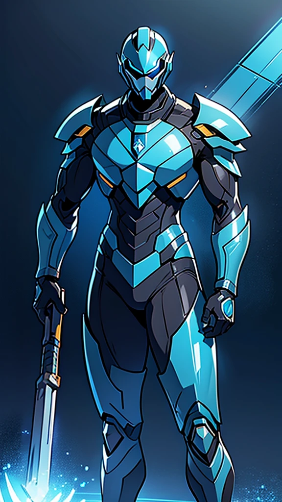 man in a blue suit, blue armor, neon armor, cyber fighting armor, water armor, cybernetic armor, shiny and elegant armor, shiny space suit, cybernetic armor, Shovel Knight como Daft Punk, 2d elf, stealth suit, space armor, LED - Illuminated armor, upper body 2d game avatar,fullbody