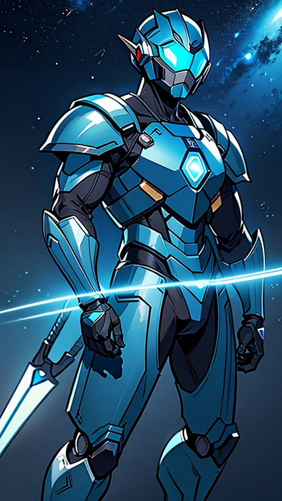 man in a blue suit, blue armor, neon armor, cyber fighting armor, water armor, cybernetic armor, shiny and elegant armor, shiny space suit, cybernetic armor, Shovel Knight como Daft Punk, 2d elf, stealth suit, space armor, LED - Illuminated armor, upper body 2d game avatar,fullbody