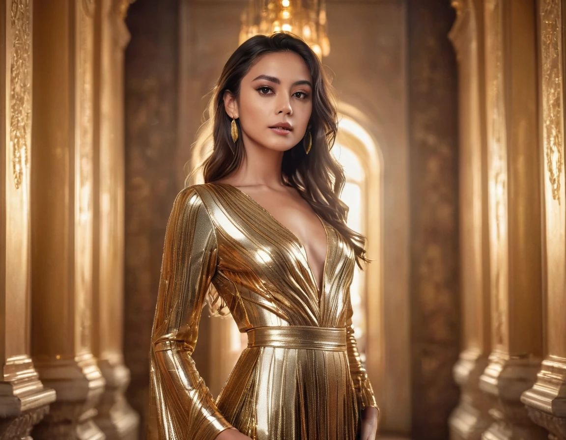 Beautiful 25 year old girl, wearing long elegant metallic gold dress, golden palace background, professional photoshotgraphy style, ultra sharp, perfect composition, Perfect focus, 72k super resolution, photoshot, cinematic, posters