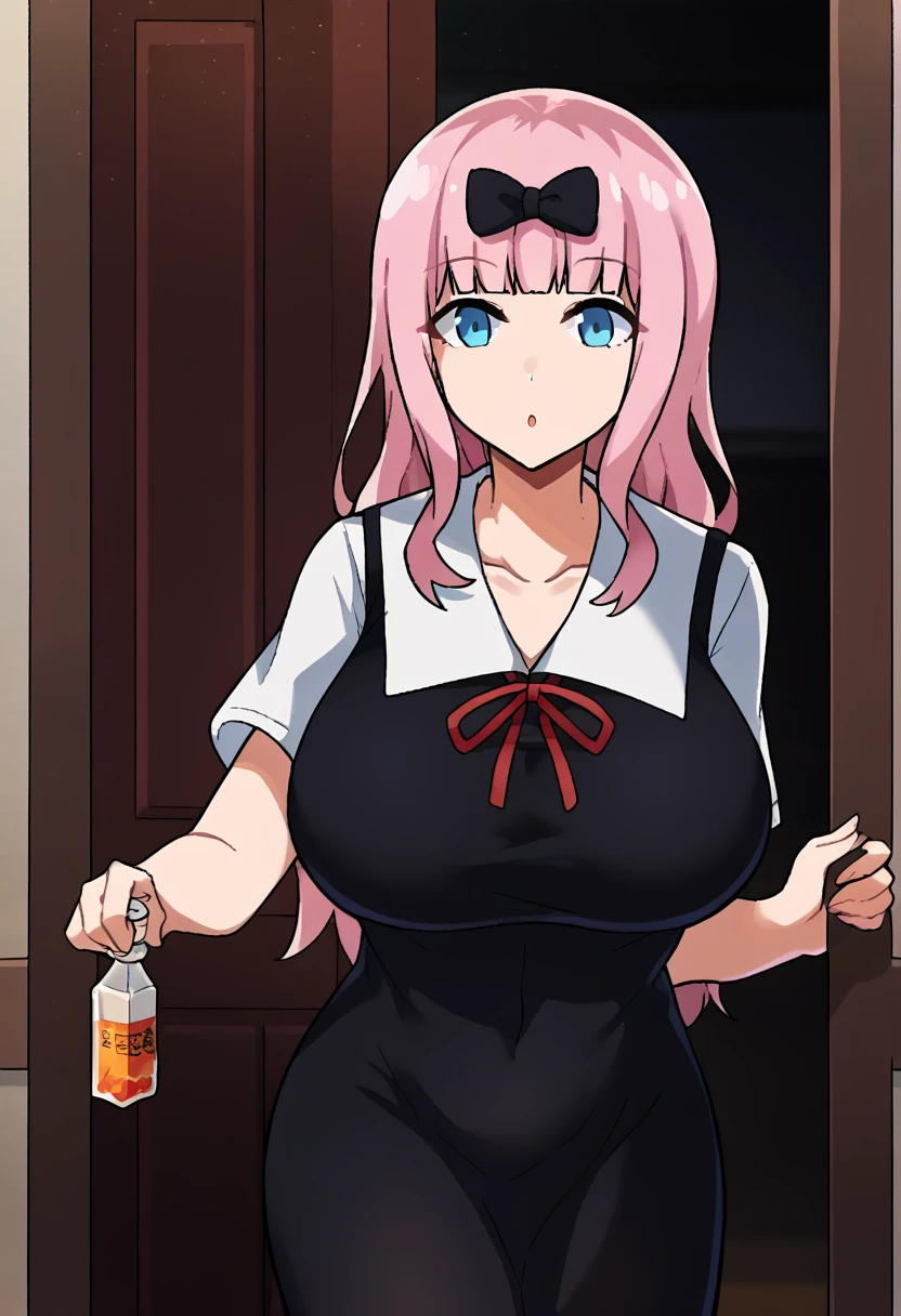 score_9, score_6_superior, sauce_anime, One girl, alone, classroom, Cowboy Shot, chika, blue eyes, Pink Hair, Hair Ribbon, Black Bow, Black Dress, White sailor collar, Neck ribbon, Red ribbon, Short sleeve, White shirt, Huge breasts 、peeksex、behind door、netorare