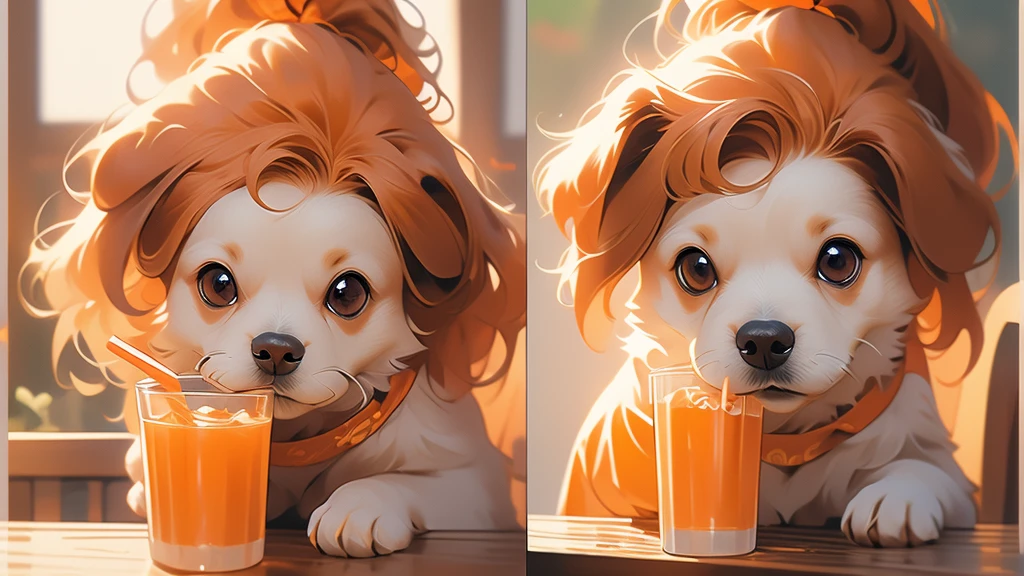 (Masterpiece,Highest quality),(Maximum details),1 woman,18 years old,Cute face,Long brown and orange hair,has brown dog ears,brown eyes,Ponytail,Half-body picture,Wear an orange t-shirt with a cute dog pattern.,Drinking water using one straw,Every picture is the same.