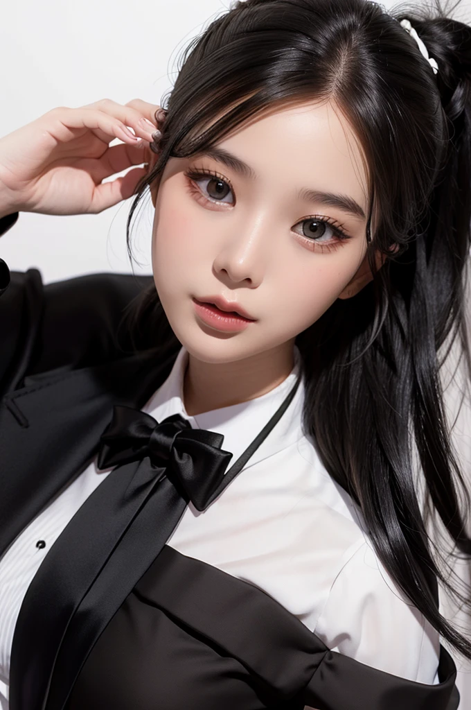 1girl, black  random formal attire, white background,  