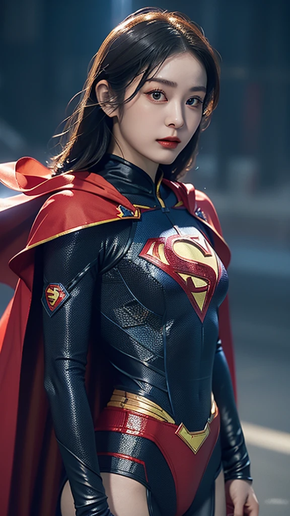 Woman wearing detailed SuperMan costume with full sleeves covering the entire body, short black hair, serious face, (flying in sky), vivid colors, dramatic lighting, red cape, cinematic costume, carbon fiber detailed suit,