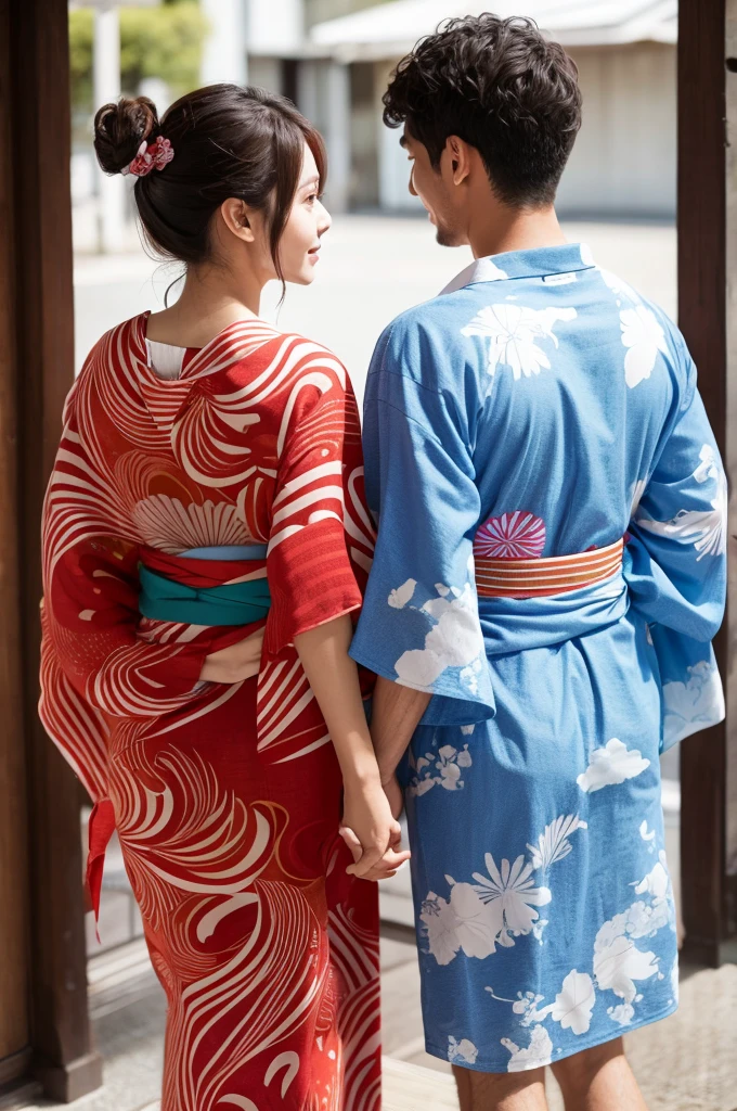 Couple back view sea yukata