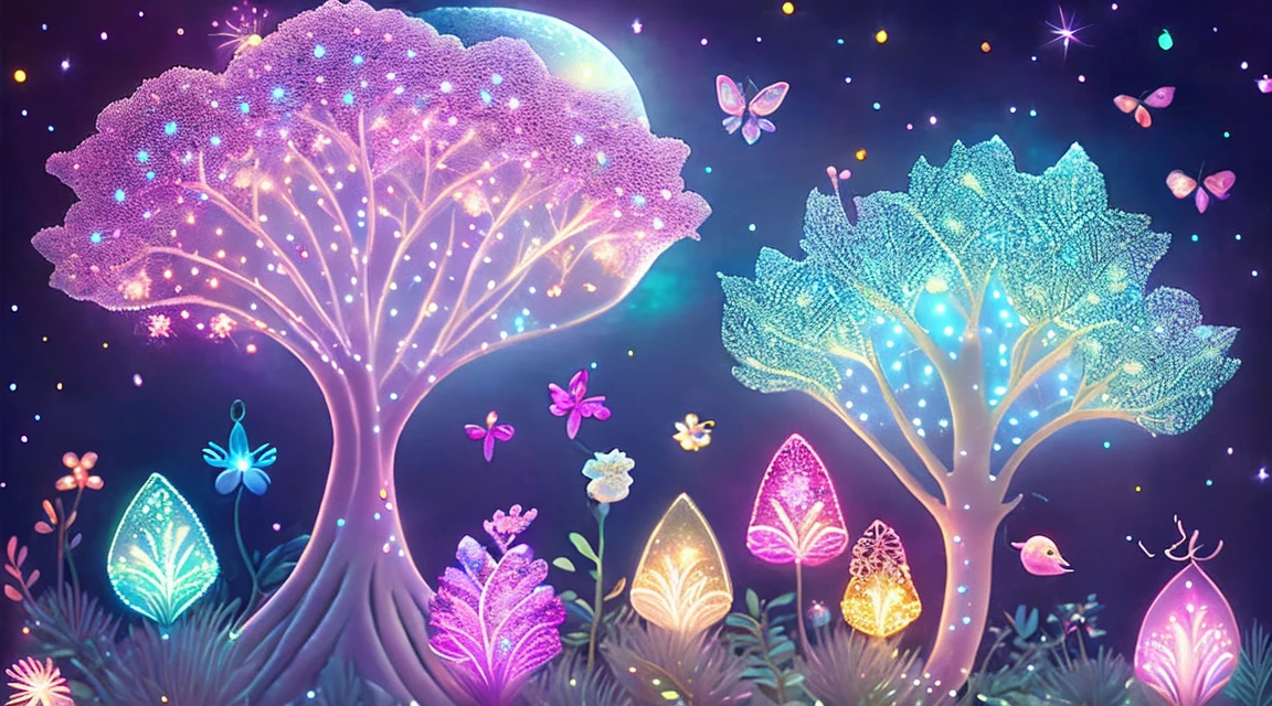 An intricate and dazzling display of fairy lights, With shining pastel lights, Jungle Trees々Delicately wraps, There are vibrant colors all around the flower, at night, Ambient moonlight, Fantasy Style, Cute fairy-like creatures live there
