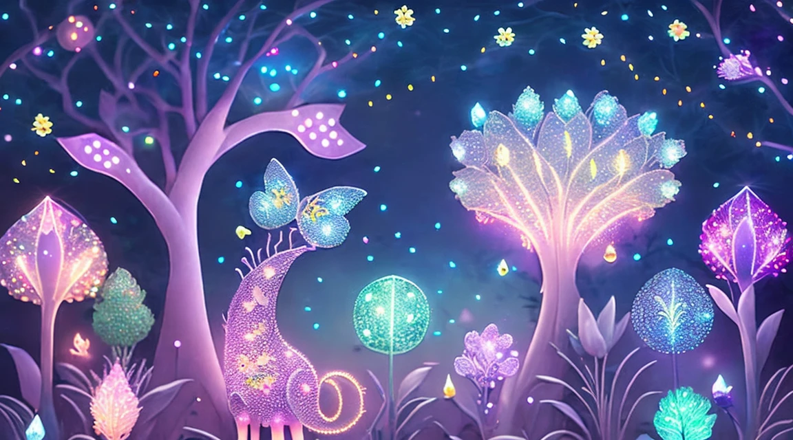 An intricate and dazzling display of fairy lights, With shining pastel lights, Jungle Trees々Delicately wraps, There are vibrant colors all around the flower, at night, Ambient moonlight, Fantasy Style, Cute fairy-like creatures live there