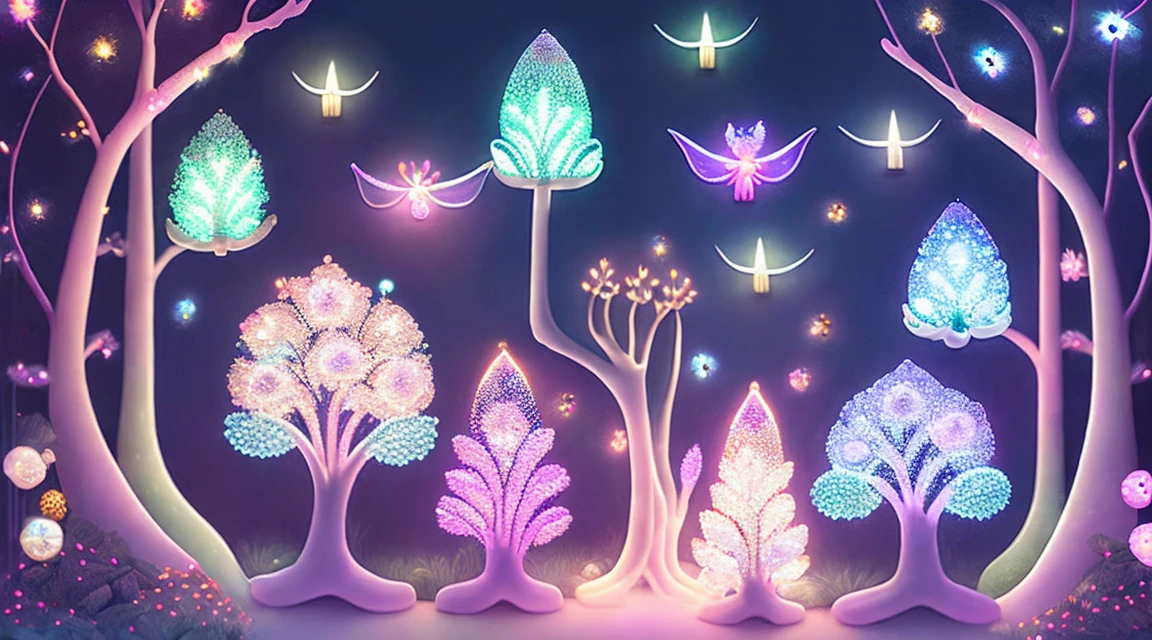 An intricate and dazzling display of fairy lights, With shining pastel lights, Jungle Trees々Delicately wraps, There are vibrant colors all around the flower, at night, Ambient moonlight, Fantasy Style, Cute fairy-like creatures live there