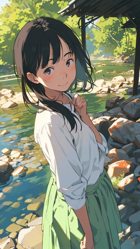 reasonable design, Clear lines, High Sharpness, (highest quality,8K,Perfect sharpness,Ultra fine,High resolution,masterpiece:1.2), Perfect Anatomy:1.5, Official Art, Illustrations that tell a story, (Whitish background:0. 9)、Body Positivity、More Mr.Physical expression、(Random and mischievous poses)、Perfect beauty、Perfect beautiful face、Strong winds、A rich expression、Dynamic composition、smile、Golden ratio composition、colorful、(Mr.Different angles and perspectives)、anime art、mini skirt、(Overcoming stereotypes)、 Glowing Skin、(Natural beauty)、smile、bangs、Straight Hair、(Soft and flowing hair)、(Rural Scenery)、(Nostalgic atmosphere)、Insert up to the thighs、(Playful and carefree)、(More Mr.Ethnic characters)、(innocent attitude)、(Sunny atmosphere)、Skirt flipped up、(Bright colors)、Belly button exposed、Beautiful Eyes、A skirt fluttering in the wind、Put it in to your feet、Some composition patterns、sensuous、Geometric pattern、emotional、Symposium cover、Angle from above、