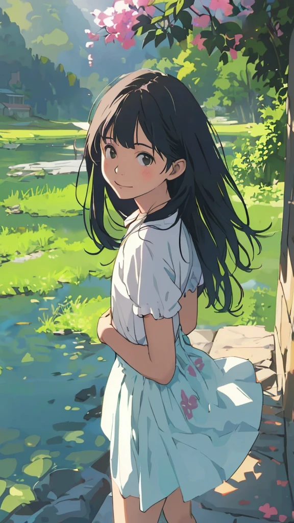 reasonable design, Clear lines, High Sharpness, (highest quality,8K,Perfect sharpness,Ultra fine,High resolution,masterpiece:1.2), Perfect Anatomy:1.5, Official Art, Illustrations that tell a story, (Whitish background:0. 9)、Body Positivity、More Mr.Physical expression、(Random and mischievous poses)、Perfect beauty、Perfect beautiful face、Strong winds、A rich expression、Dynamic composition、smile、Golden ratio composition、colorful、(Mr.Different angles and perspectives)、anime art、mini skirt、(Overcoming stereotypes)、 Glowing Skin、(Natural beauty)、smile、bangs、Straight Hair、(Soft and flowing hair)、(Rural Scenery)、(Nostalgic atmosphere)、Insert up to the thighs、(Playful and carefree)、(More Mr.Ethnic characters)、(innocent attitude)、(Sunny atmosphere)、Skirt flipped up、(Bright colors)、Belly button exposed、Beautiful Eyes、A skirt fluttering in the wind、Put it in to your feet、Some composition patterns、sensuous、Geometric pattern、emotional、Symposium cover、Angle from above、
