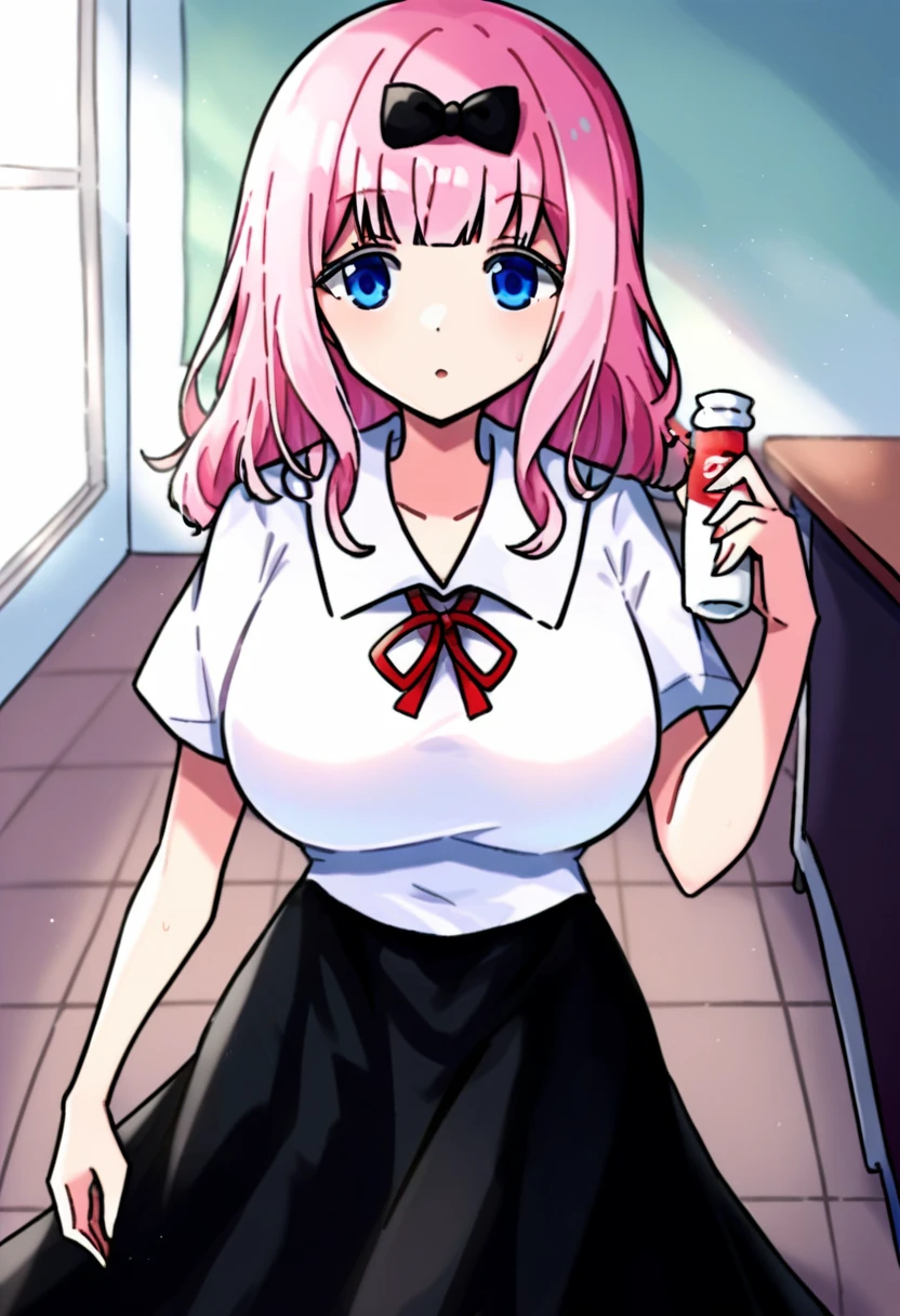 score_9, score_6_superior, sauce_anime, One girl, alone, classroom, Cowboy Shot, chika, blue eyes, Pink Hair, Hair Ribbon, Black Bow, Black long dress, White sailor collar, Neck ribbon, Red ribbon, Short sleeve, White shirt, srimk, Huge breasts 、