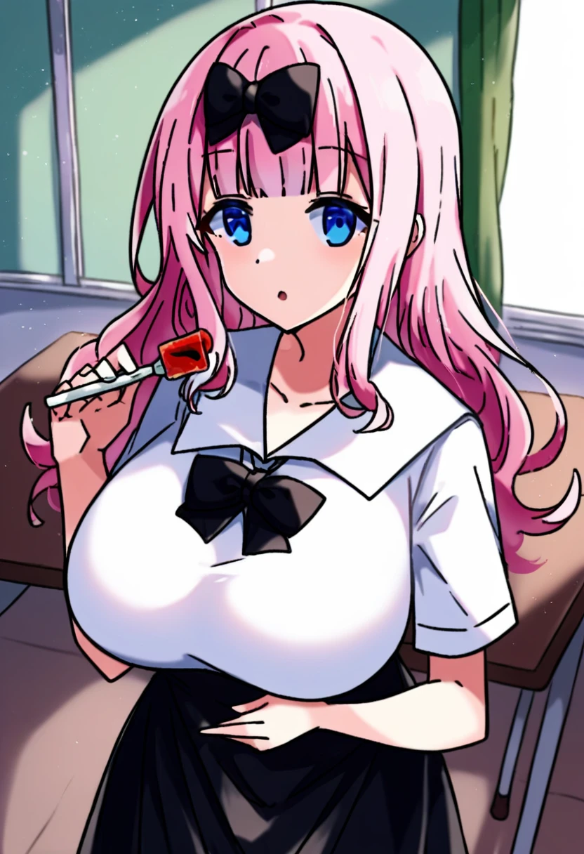 score_9, score_6_superior, sauce_anime, One girl, alone, classroom, Cowboy Shot, chika, blue eyes, Pink Hair, Hair Ribbon, Black Bow, Black long dress, White sailor collar, Neck ribbon, Red ribbon, Short sleeve, White shirt, srimk, Huge breasts 、