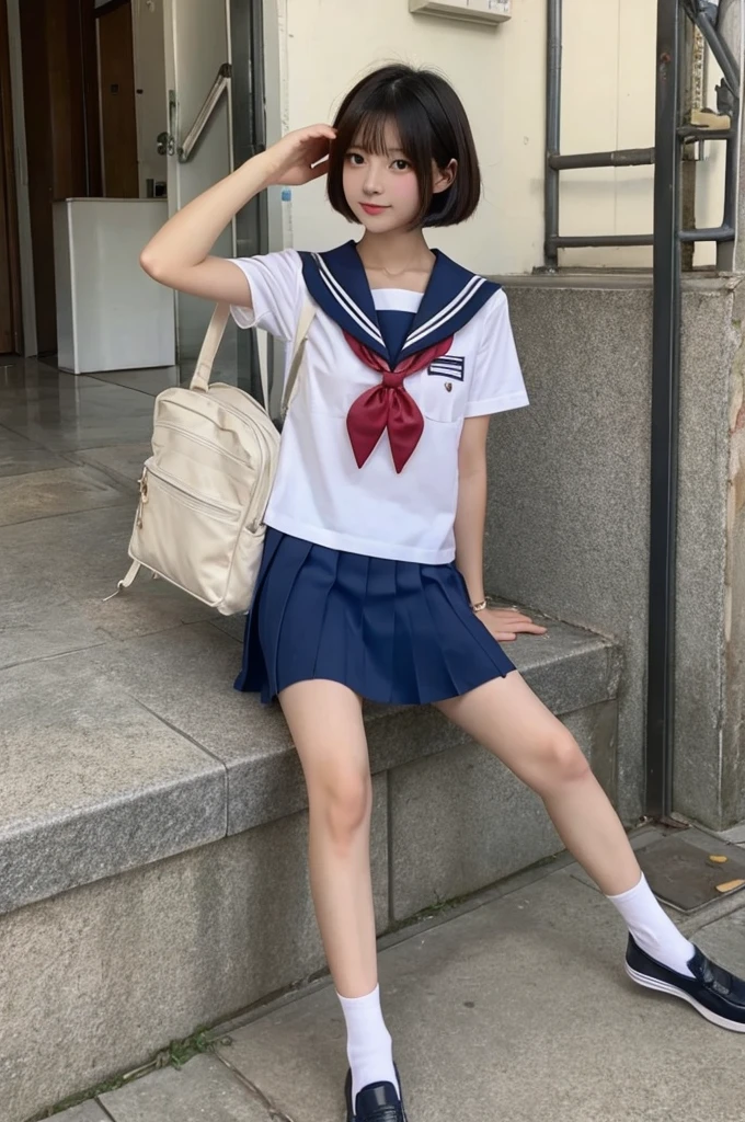 high school student,Wide eyes,slender,Sunburned skin,Short Hair,Summer sailor uniform,Thin legs,Skirts at length below the knee,