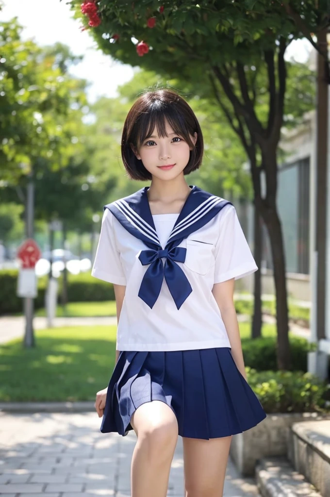 high school student,Wide eyes,slender,Sunburned skin,Short Hair,Summer sailor uniform,Thin legs,Skirts at length below the knee,