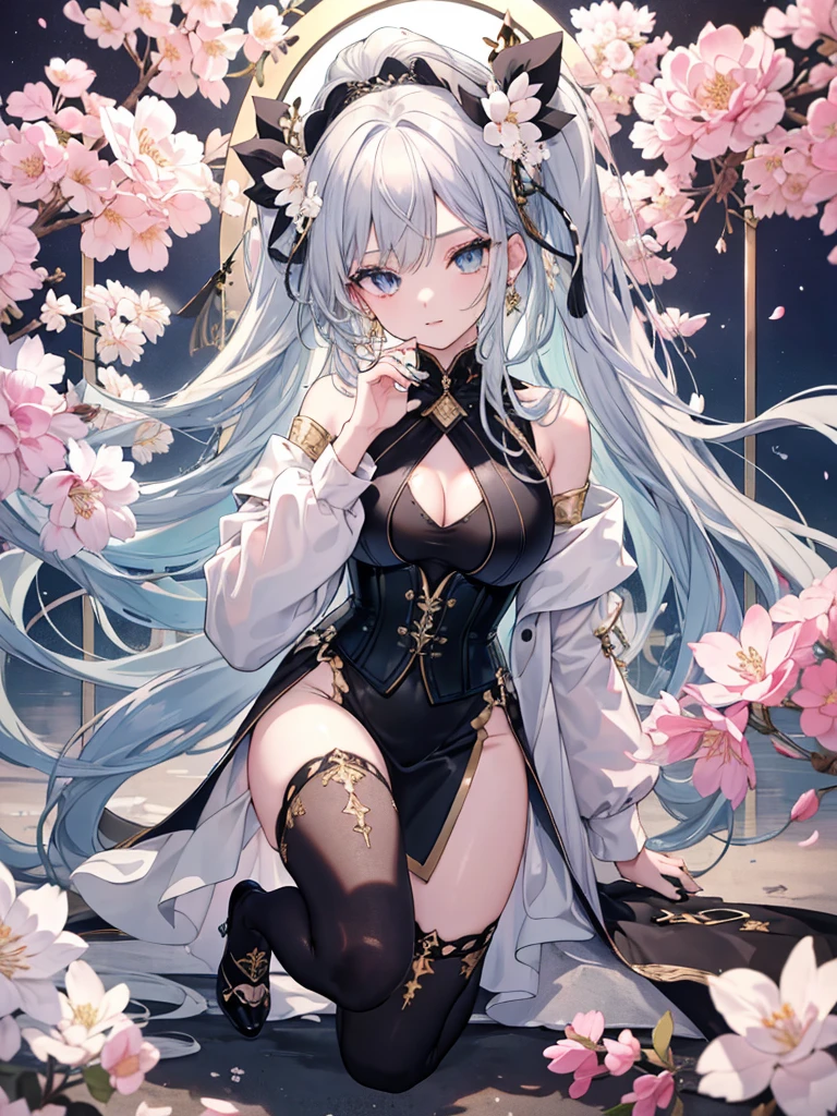 8k,High resolution RAW color art, Anime Art,Silver Marble Skin, (((Highly detailed elegant))), Detailed skin, texture,(Exquisitely crafted, The finer details, Ultra-detailed art), Depth of written boundary, Silky Touch, Hyper Detail, Cool face, eye shadow、(Highest quality:1.2, High detail, masterpiece:1.2, Best aesthetics), (1 Girl), Beautiful woman, Beautiful attention to detail, Beautiful lip detail, Highly detailed face, Delicate depiction of hair and eyes, Detailed Fashion, Blue sparkling eyes, Earrings, Slightly larger breasts,Full body depiction, ,Focus on the user、Stylish white off-shoulder pants、Black above the knee corset skirt、Tights up to the knee、Thighs、Golden decoration, Black nails, Gray Hair, Golden bracelet, Long Straight Hair, Light blue outer color、Hair、sweater、Cherry Blossoms at Night(Lesoonlight、肌面積Less