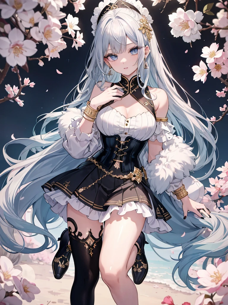 8k,High resolution RAW color art, Anime Art,Silver Marble Skin, (((Highly detailed elegant))), Detailed skin, texture,(Exquisitely crafted, The finer details, Ultra-detailed art), Depth of written boundary, Silky Touch, Hyper Detail, Cool face, eye shadow、(Highest quality:1.2, High detail, masterpiece:1.2, Best aesthetics), (1 Girl), Beautiful woman, Beautiful attention to detail, Beautiful lip detail, Highly detailed face, Delicate depiction of hair and eyes, Detailed Fashion, Blue sparkling eyes, Earrings, Slightly larger breasts,Full body depiction, ,Focus on the user、Stylish white off-shoulder pants、Black above the knee corset skirt、Tights up to the knee、Thighs、Golden decoration, Black nails, Gray Hair, Golden bracelet, Long Straight Hair, Light blue outer color、Hair、sweater、Cherry Blossoms at Night(Lesoonlight、肌面積Less