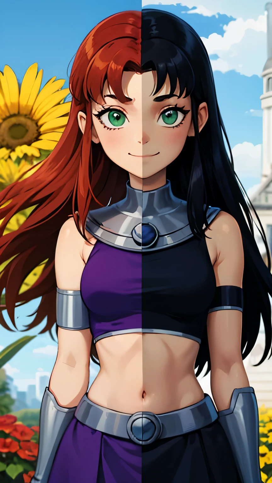 (masterpiece, best quality:1.2), SplitScreen, split screen, starfire, orange skin, red hair, gorget, crop top, armlet, vambraces, midriff, skirt, purple skirt, Purple midriff, Green eyes, SplitScreen, split screen, blackfire, orange skin, black hair, gorget, crop top, armlet, vambraces, midriff, skirt, black skirt, black midriff, purple eyes, looking at viewer, smile, red flower, from above, yellow flower, closed mouth, outdoors, SplitScreen, split screen,