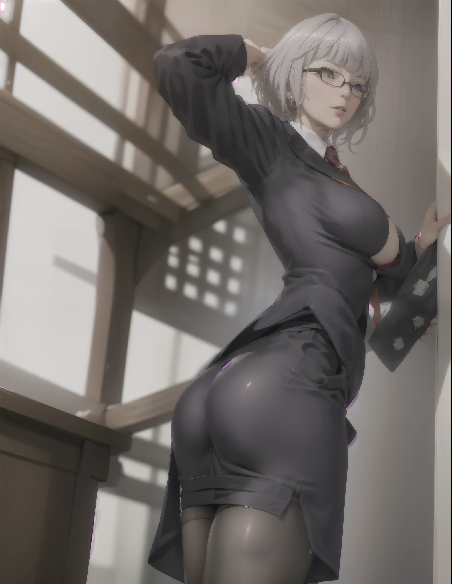 (((masterpiece, best quality, high resolution))),
glasses, office lady suit, 1girl, solo, cowboy shot, from below, pencil skirt, pantyhose, strips, white shirts, tie,
protruding ass, perfect ass detailed, rounded ass