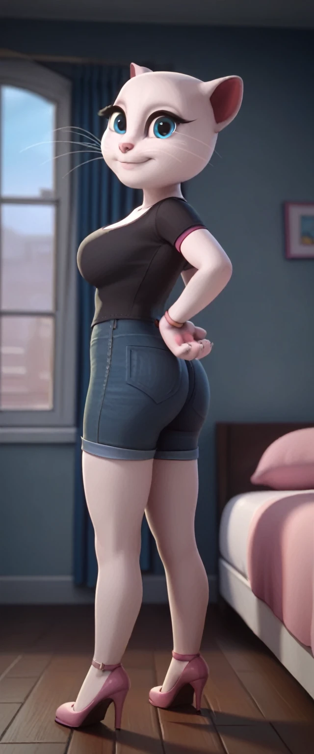 solo focus, a_la, 1girl, cat, white fur, long whiskers on both sides of the face, big bright blue eyes, big black eyelashes, big ass, big breasts, pink nose, triangular ears with pink channels, long legs, black hair, short hair, high heels, shorts jeans, black T-shirt. side view. in bed, sad smile, at home, looking back.Score_9, Score_8_up, Score_7_