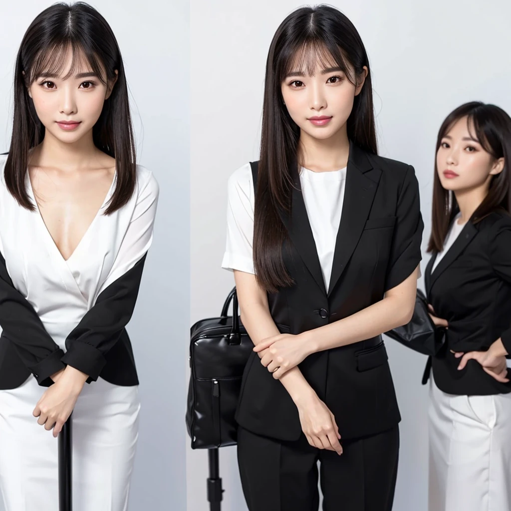 (highest quality、table top、8k、best image quality、Award-winning work)、1 beautiful woman、(formal straight medium hair:1.1)、(formal black business suit style:1.4)、smile looking at me、big breasts、emphasize body line、(Front photo above the chest 1.4)、(A woman perfectly positioned in the center of the screen:1.1)、(Upright posture facing me directly:1.4)、(Stand upright and face straight ahead.:1.4)、elegant makeup、Ultra high definition beauty face、ultra high definition hair、Super high-definition sparkling eyes、Super high resolution glossy lips、accurate anatomy、very beautiful skin、Super high-definition glowing beautiful skin、(Plain white simple background:1.3)、(The most elegant and perfect frontal upright posture:1.2)