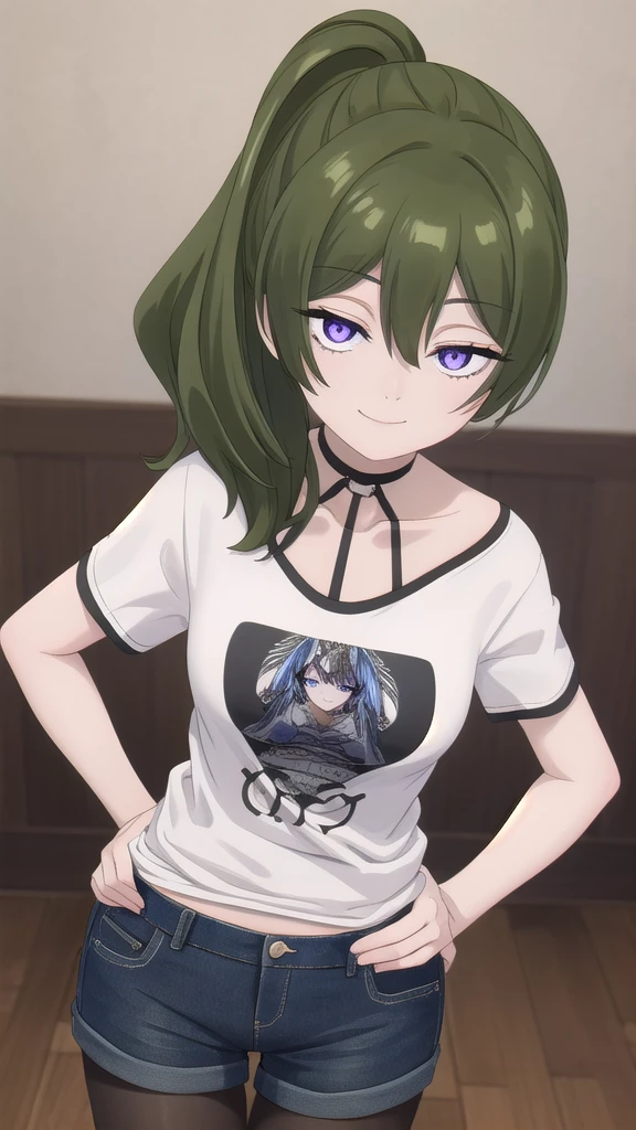 (masterpiece), best quality, high resolution, extremely detailed, detailed background, perfect lighting,ubel, medium hair, hair between eyes, green hair, side ponytail, (purple eyes:1.1), (t-shirt:1.5), denim shorts, pantyhose, collarbone, light smile, joyful eyes, cute pose, BREAK indoors, hot springs, BREAK looking at viewer, (cowboy shot:1.5), BREAK, (masterpiece:1.2), best quality, high resolution, unity 8k wallpaper, (illustration:0.8), (beautiful detailed eyes:1.6), extremely detailed face, perfect lighting, extremely detailed CG, (perfect hands, perfect anatomy), solo, hands on own hips,