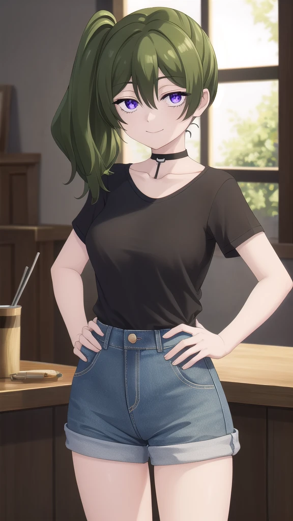 (masterpiece), best quality, high resolution, extremely detailed, detailed background, perfect lighting,ubel, medium hair, hair between eyes, green hair, side ponytail, (purple eyes:1.1), (t-shirt:1.5), denim shorts, pantyhose, collarbone, light smile, joyful eyes, cute pose, BREAK indoors, hot springs, BREAK looking at viewer, (cowboy shot:1.5), BREAK, (masterpiece:1.2), best quality, high resolution, unity 8k wallpaper, (illustration:0.8), (beautiful detailed eyes:1.6), extremely detailed face, perfect lighting, extremely detailed CG, (perfect hands, perfect anatomy), solo, hands on own hips,