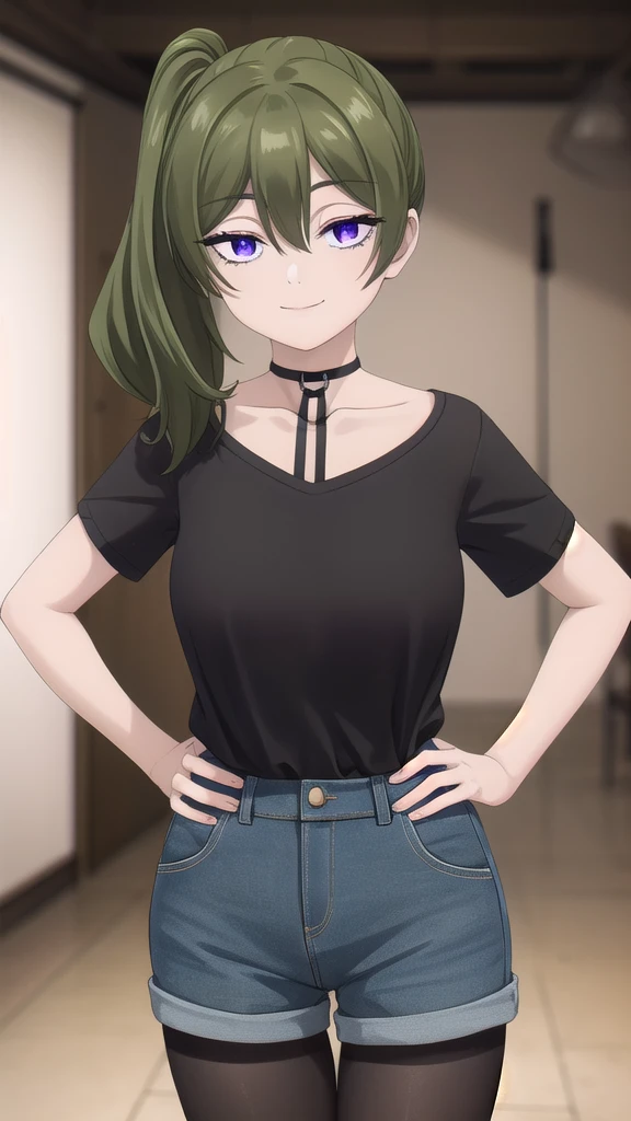 (masterpiece), best quality, high resolution, extremely detailed, detailed background, perfect lighting,ubel, medium hair, hair between eyes, green hair, side ponytail, (purple eyes:1.1), (t-shirt:1.5), denim shorts, pantyhose, collarbone, light smile, joyful eyes, cute pose, BREAK indoors, hot springs, BREAK looking at viewer, (cowboy shot:1.5), BREAK, (masterpiece:1.2), best quality, high resolution, unity 8k wallpaper, (illustration:0.8), (beautiful detailed eyes:1.6), extremely detailed face, perfect lighting, extremely detailed CG, (perfect hands, perfect anatomy), solo, hands on own hips,