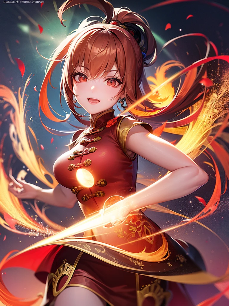 Fisheye lens with flames in the background, Chinese girl dancing with sword, Dressed in Tang dynasty costume, people, Upward light, Ray Tracing, Edge Light, Glow effect, Exaggerated behavior, Exaggerated perspective, orange, green, Realistic ultra-fine rendering style, Super Detail, Blender, Octane Ring