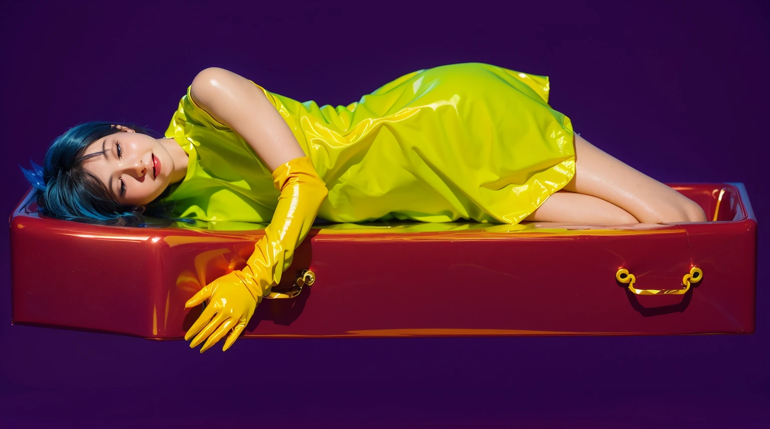 This image depicts a woman with vibrant blue hair, lying comfortably in an elongated, dark purple box. She is dressed in a bright neon green dress and yellow gloves, adding a striking contrast against the purple and blue background. Her peaceful expression and relaxed pose suggest a dreamlike or surreal scene, despite the unconventional setting of being in a box. The overall visual effect is bold and colorful, emphasizing the playful and artistic elements of the composition. effectively conveying a sense of joy and creativity.ffects render, (glossy plastic texture with multiple big light probe refractions), perfect cgi, smooth silhouette, high intensity refraction, (super glossy plastic material), most beautiful vfx, , realistic, 4k, high resolution, rim light, smooth 3d model, multiple light sources, rim light, sharp post effects render,, realistic, 4k, high resolution, rim light detailed digital art, reflective, best quality, 4k, masterpiece:1.2, ultra-detailed, realistic, vivid colors, The image of the highest quality, ensuring every detail showcased perfectly. It in 4k resolution, allowing viewers to immerse themselves in the richness of the colors and intricate details. The realistic rendering. under the spotlight, reflecting, high-resolution image, realistic rendering