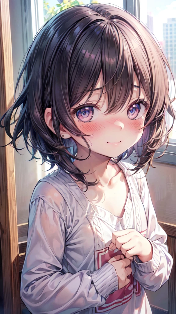 (Ultra-high resolution of the highest quality, masutepiece, Best Quality, 8K, Super Detail, Best Quality:1.3), (Anatomically correct:1.3), (face shot:1.6), (1 ), (Child), (Loli), (inf, (Small body), (flat chest), (elementary school student), (blush face:1.6), short black wavy hair, bangs hair over eyes, (drooping eyes), (loose sweater:1.2), girl's own room, (funny smile), (beautiful hair, beautiful eyes, beautiful face), (face focus, human ear focus, clavicle focus), from side
