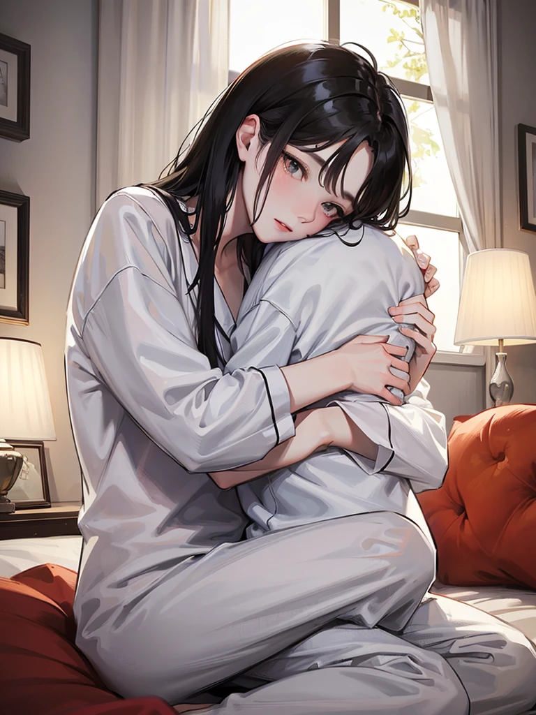 college student couple、Lovers、black hair girl、cute、droopy eyes、hug、tall man、Handsome guy、detailed face、バックhug、pajamas、white clothes、bedroom、A woman sits on a man&#39;s lap