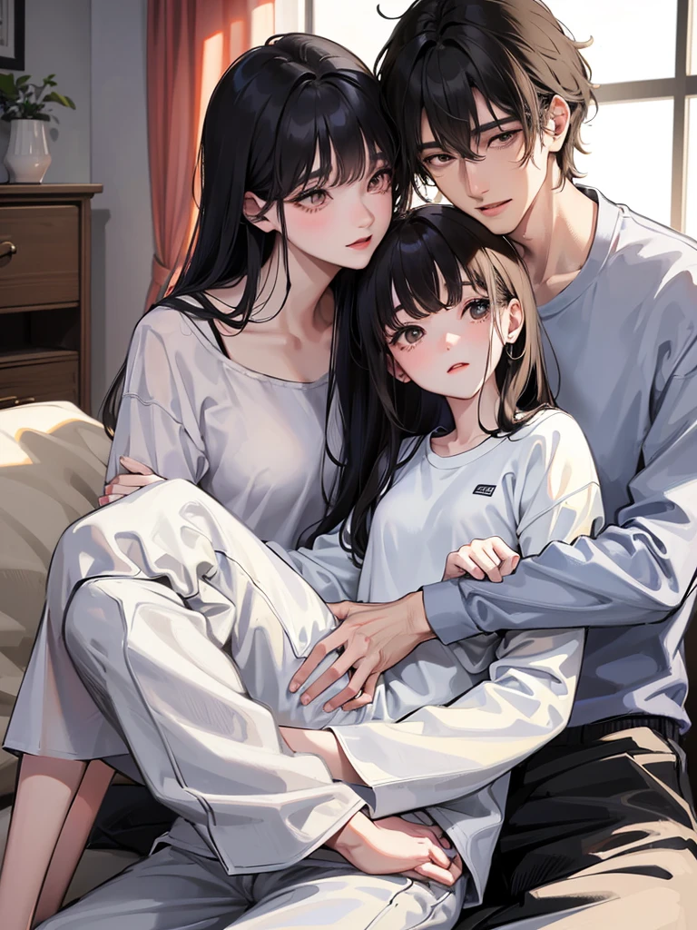college student couple、Lovers、black hair girl、cute、droopy eyes、hug、tall man、Handsome guy、detailed face、バックhug、pajamas、white clothes、bedroom、A woman sits on a man&#39;s lap