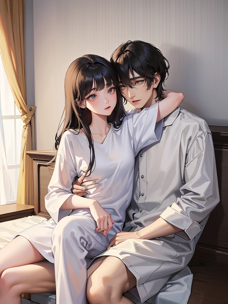 college student couple、Lovers、black hair girl、cute、droopy eyes、hug、tall man、Handsome guy、detailed face、バックhug、pajamas、white clothes、bedroom、A woman sits on a man&#39;s lap