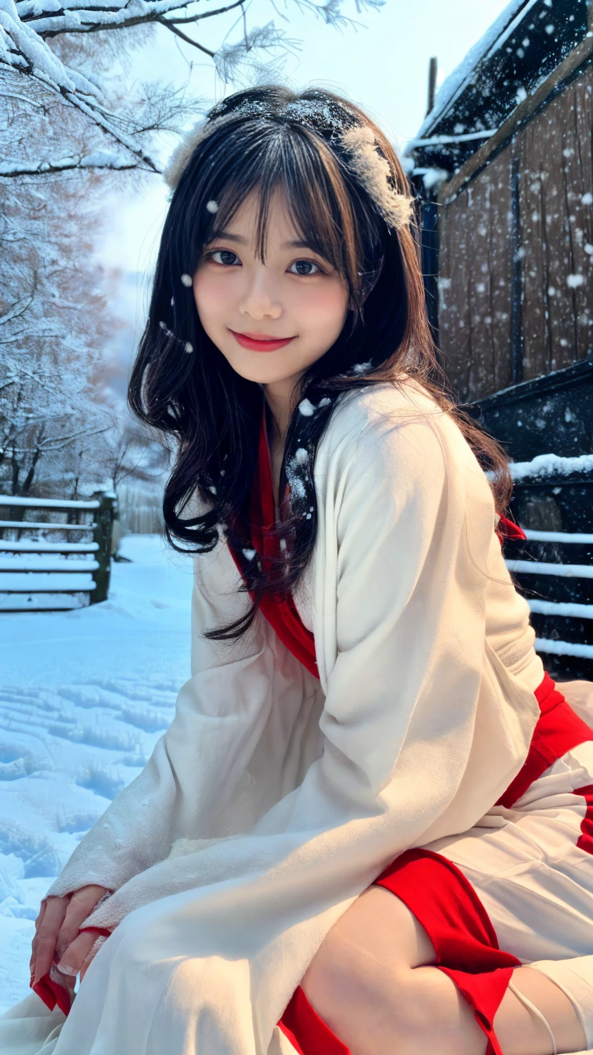 (yuki-onna:1.4),(snowstorm:1.4),(absurd:1.3), (high resolution:1.3), (super detailed:1.3),(one girl:1.3), (highly detailed CG unity 8k wallpaper:1.3), (detailed skin texture, detailed cloth texture, detailed hair texture), (beautiful detailed face, supermodel, pale skin, realistic glistening skin), (RAW photo, highest quality), (realistic, photo-realistic:1.4), masterpiece, extremely delicate and beautiful,amazing, finely detailed, highly detailed CG unity 8k wallpaper, large file size, highly detailed, high resolution, absurd, soft light, rim light, vivid details, short bob hair, pale hair color, big natural color lips, (perfect body type), beautiful legs, breaking (white and red theme:1.4), (fusion of (white kimono tops:1.2) and (Red high-waisted maxi skirt: 1.4), (Long sleeves: 1.3), (Kimono collar: 1.2), (White kimono with red outline: 1.2), (White very short ankle socks: 1.2), (Geta can: 1.2),
A little bit crying, a small smile, , 20-year-old girl, cute type, Lolita,