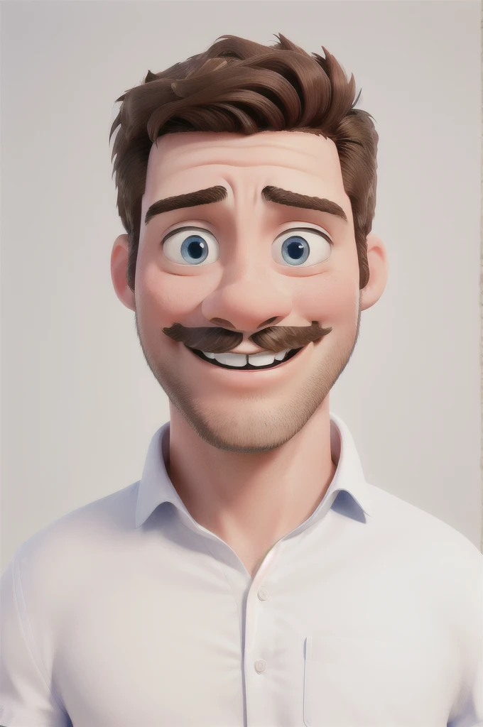 work of art, best quality, a happy boy, smiling, blue eyes, thin mustache, beard on his chin, wearing a white shirt, standing in a photography studio. Disney Pixar style