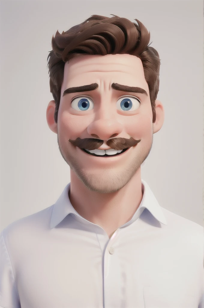 work of art, best quality, a happy boy, smiling, blue eyes, thin mustache, beard on his chin, wearing a white shirt, standing in a photography studio. Disney Pixar style