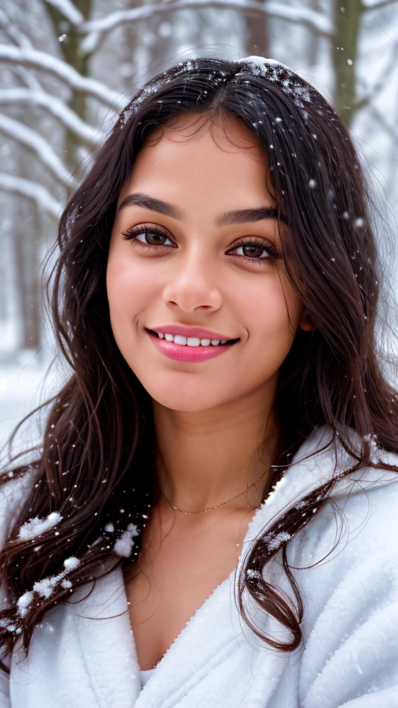 Young Indian mixed race Malagasy woman, shy and charming, long black hair, slightly curly, beautiful eyes and eyebrows, 22 years old, oval and natural face, innocent, made up, curly hair, average height body with immense curve extremely beautiful and perfectly fitted, very beautiful body of 1.85m, student, looks at the laptop screen, in an office. His smile radiates warmth and his eyes sparkle with joy. The snow falls gently around it, creating a magical and serene atmosphere.

The image should be captured in high quality, high resolution, with extremely detailed background. The woman's skin should have pores and imperfections, which adds to the realism and authenticity of the photo.

The lighting should be soft and flattering, highlighting the beauty of the woman and the snowy landscape.

The photo should have a cinematic feel, with a sense of depth, dimension and composition.

The general mood of the photo should evoke tranquility, serenity and beauty.