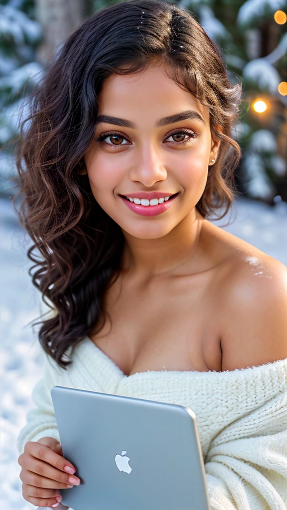 Young Indian mixed race Malagasy woman, shy and charming, long black hair, slightly curly, beautiful eyes and eyebrows, 22 years old, oval and natural face, innocent, made up, curly hair, average height body with immense curve extremely beautiful and perfectly fitted, very beautiful body of 1.85m, student, looks at the laptop screen, in an office. His smile radiates warmth and his eyes sparkle with joy. The snow falls gently around it, creating a magical and serene atmosphere.
The image should be captured in high quality, high resolution, with extremely detailed background. The woman's skin should have pores and imperfections, which adds to the realism and authenticity of the photo.
The lighting should be soft and flattering, highlighting the beauty of the woman and the snowy landscape.
The photo should have a cinematic feel, with a sense of depth, dimension and composition.
The general mood of the photo should evoke tranquility, serenity and beauty.