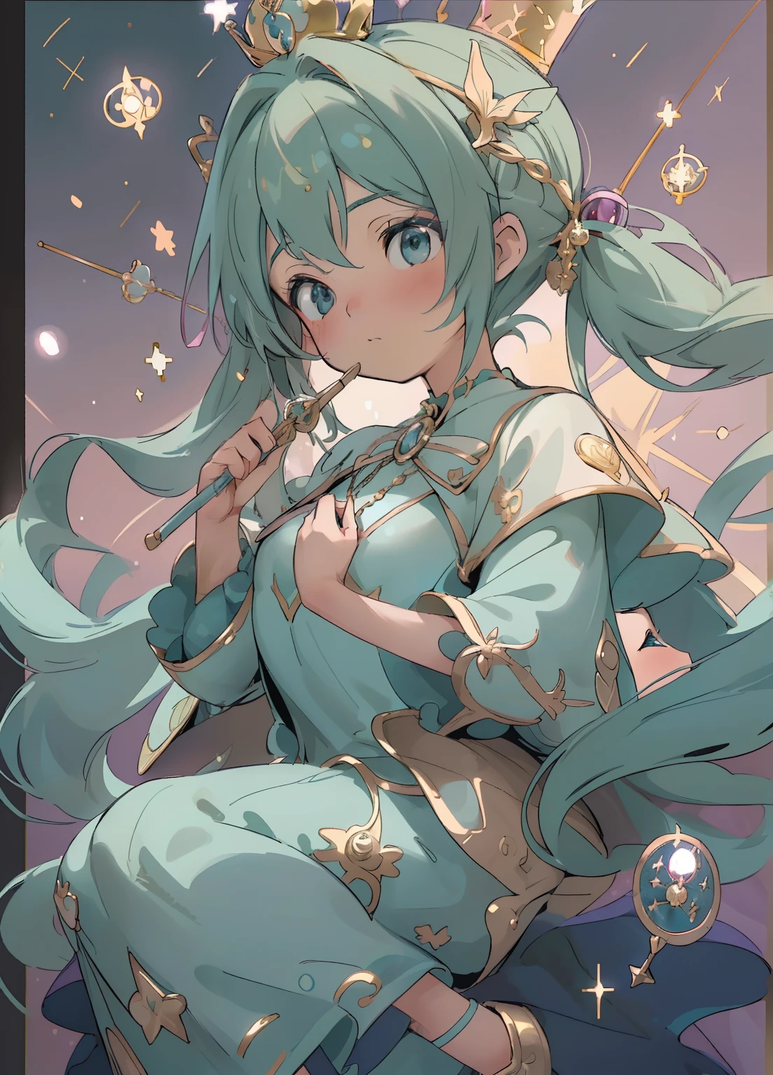 (masterpiece、Highest quality、Highest quality、Official Art、Beautiful and beautiful:1.2)、(One girl:1.3)Hatsune Miku、Twin tails,Beautiful breasts,Tarot Cards，Tarot full border，（Best image quality），（Very detailed explanation），One girl，Crown on head，Dressed in ancient fairy costume，holding a scepter in hand，（Full Body Lesbian），（Very perfect body），（Highly detailed and flawless facial depiction），青いstar空，（Very large moon close up），star（Sparkling），clothing（Glittering）， (画像はTarot Cards風の枠で囲まれている:1.5)，（masterpiece），（Great results），（8k wallpaper），myth，Fantasy Theme，Surreal Realism，Realistically，（Tangleた，Datura stramonium，Tangle，Intertwined），Holy Rays，Gold foil，Gold leaf art，Sparklingの絵