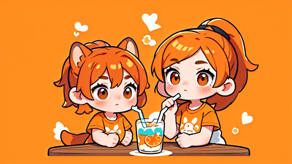 (Masterpiece,Highest quality),(Maximum details),1 woman,18 years old,Cute face,Long brown and orange hair,has brown dog ears,brown eyes,Ponytail,Half-body picture,Wear an orange t-shirt with a cute dog pattern.,Drinking water using one straw,Every picture is the same.