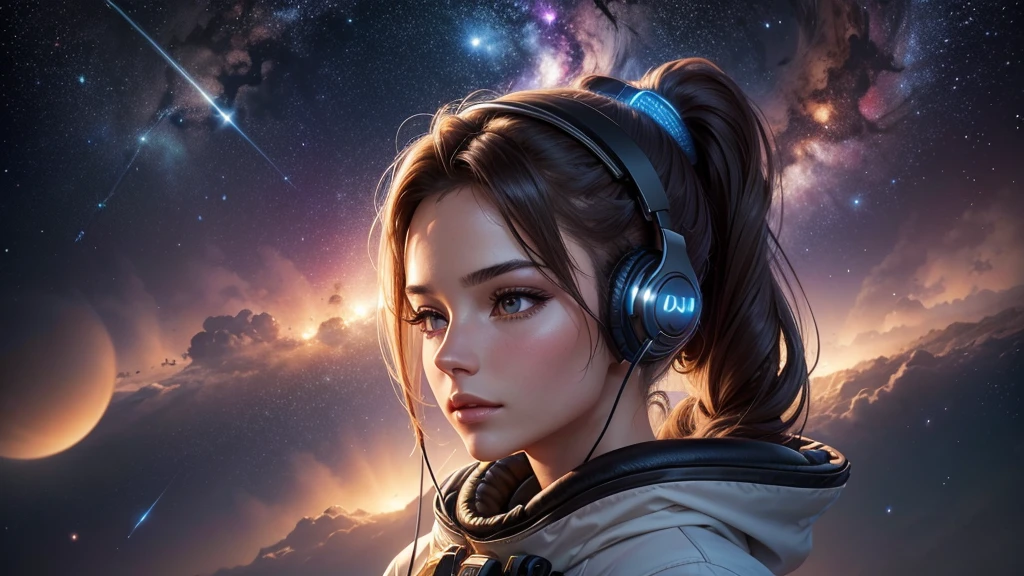 A beautiful foreign woman with a ponytail is listening to music with headphones surrounded by beautiful stars in space, 4k realistic illustration