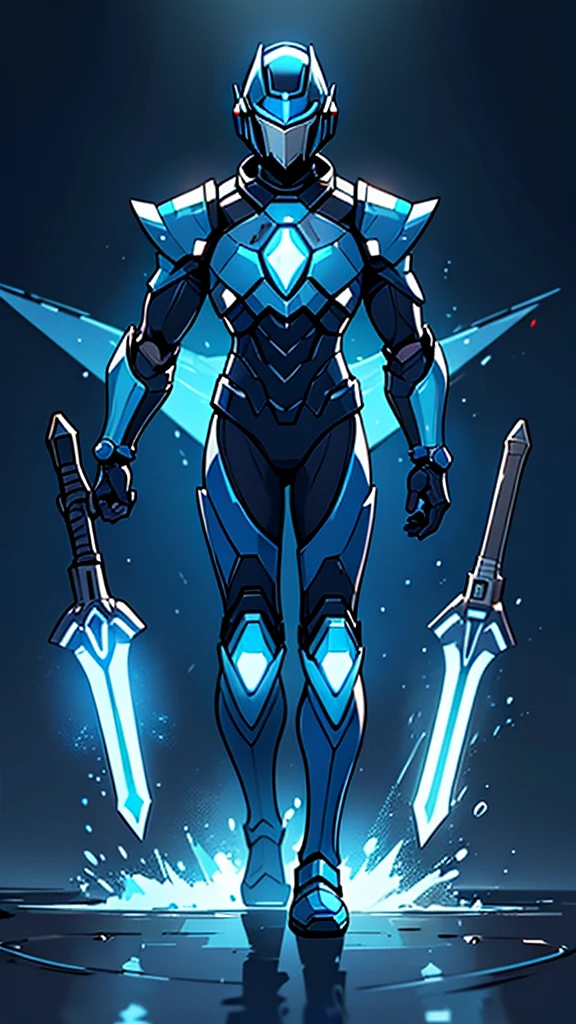 man in a blue suit, blue armor, neon armor, cyber fighting armor, water armor, cybernetic armor, shiny and elegant armor, shiny space suit, cybernetic armor, Shovel Knight como Daft Punk, 2d elf, stealth suit, space armor, LED - Illuminated armor, upper body 2d game avatar,fullbody,simple drawing,simple armor