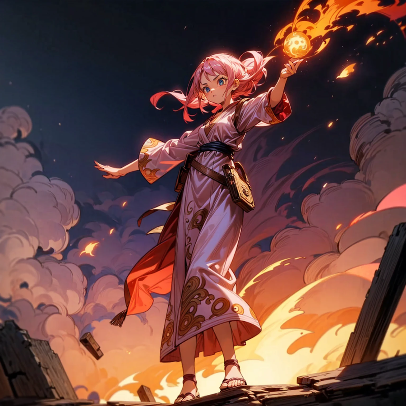 1girl, Full body version, 1character, adult girl version, blue eyes, long Curly haircut, pink colour hair, Ancient Roman clothing, red colour clothing, sandals, Grassroots, background in field town, motion blur, fire burned in hand, (dragon ball style art), standing gesture